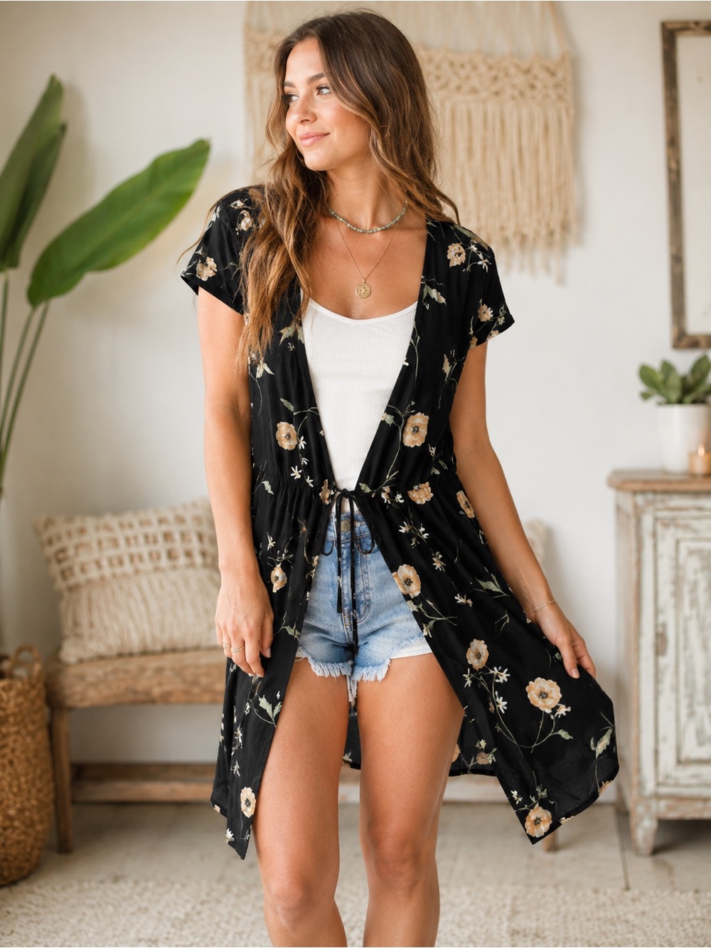 Mahina Boho Rayon Black Floral Tie-Front Duster Kimono Size M
